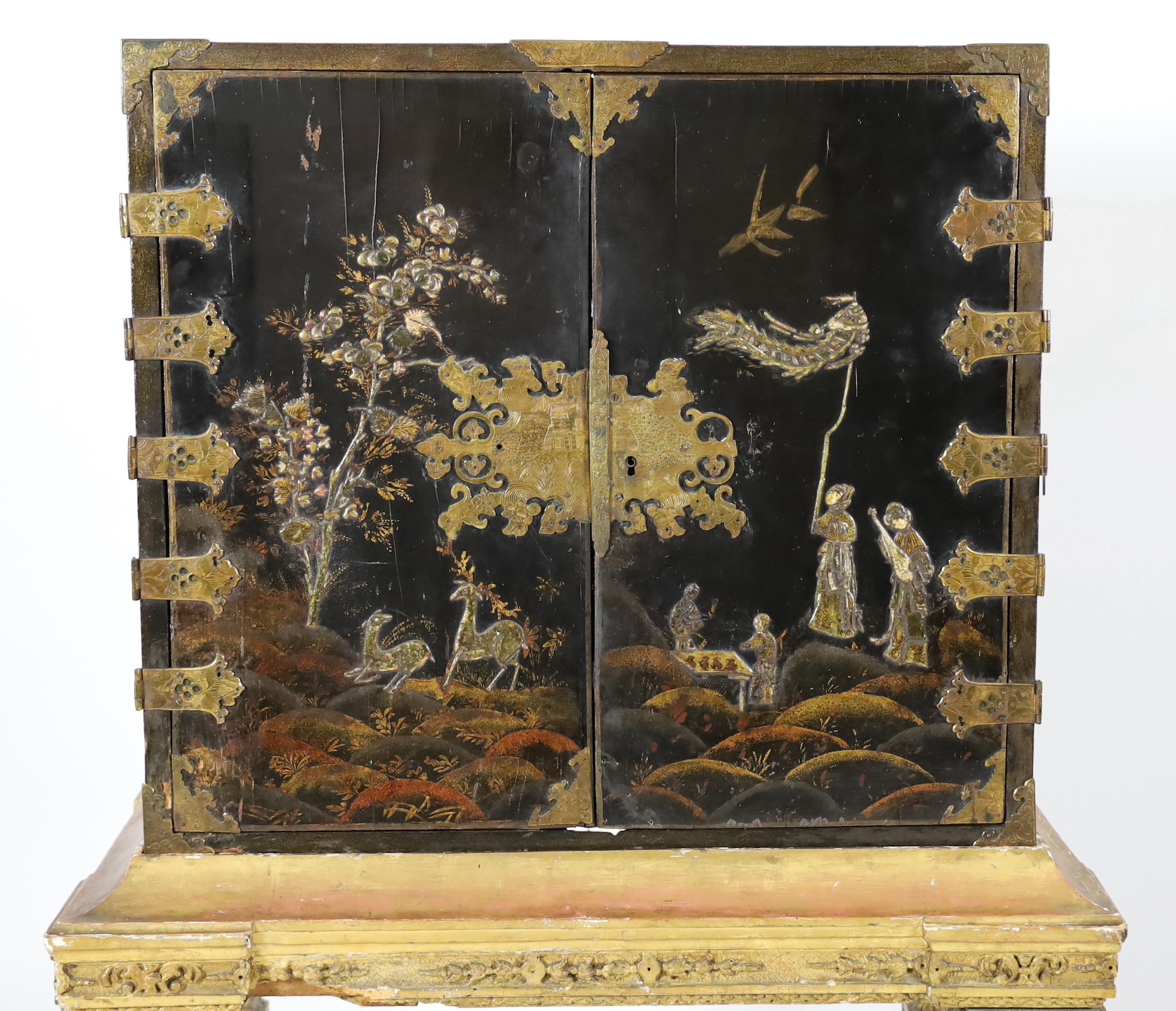 A William & Mary black japanned cabinet on stand, W.96cm D.61cm H. overall 149cm